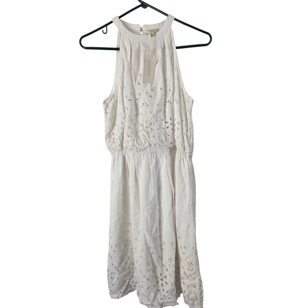 Sim & Sam Cottage Core Embroidered Mini Dress L Womens White Coquette NWT